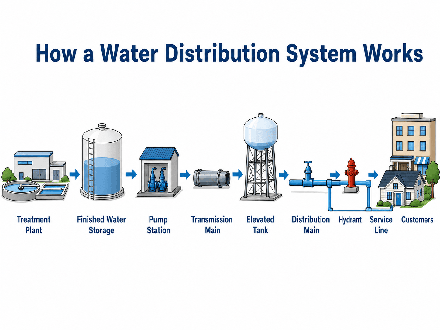 Diagram showing how a water distribution system moves water from a treatment plant to finished water storage, pumps, transmission mains, an elevated tank, distribution mains, hydrants, service lines, and customers.