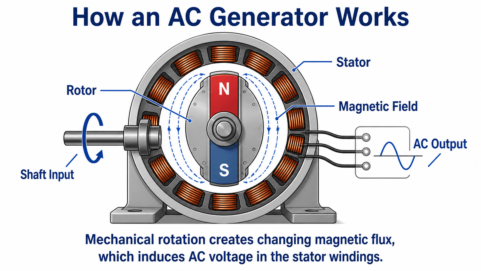AC generator diagram showing rotor, stator, shaft input, magnetic field, and AC output for power generation.