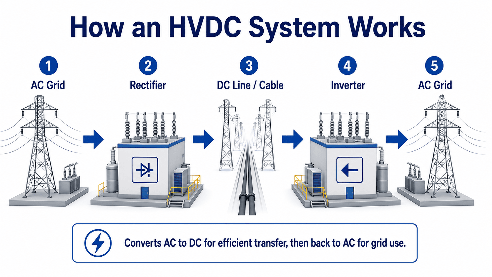 Diagram of an HVDC system showing AC grid, rectifier, DC line or cable, inverter, and receiving AC grid