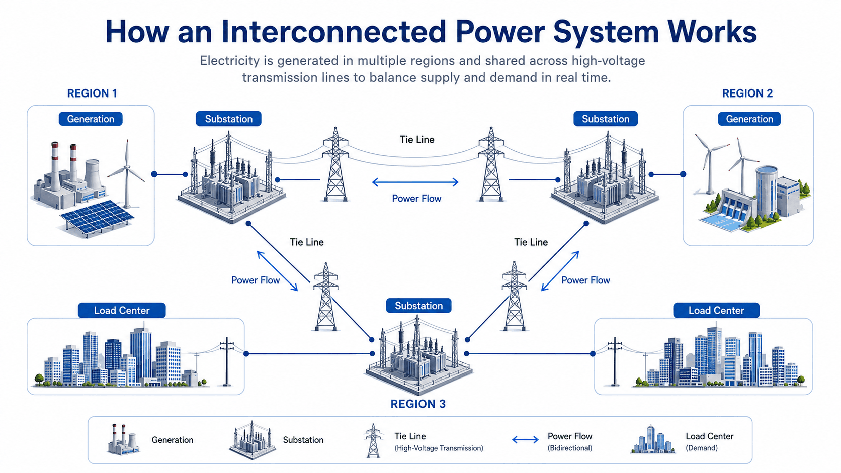 Interconnected power systems diagram showing generation regions, substations, high-voltage tie lines, bidirectional power flow, and load centers