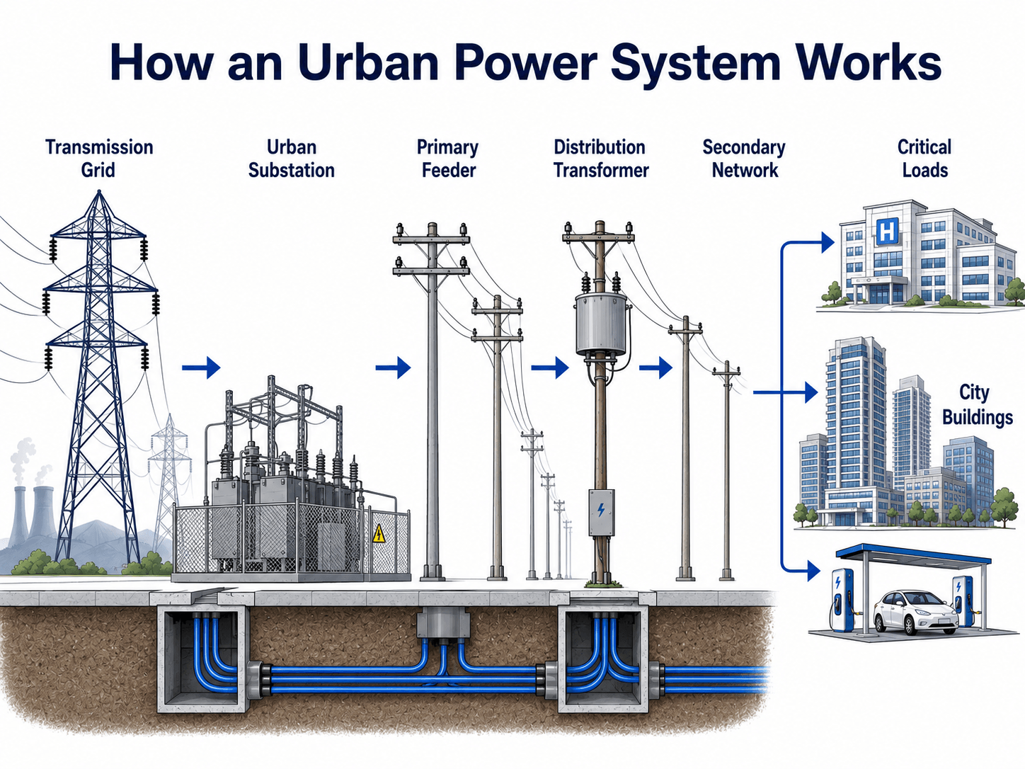 Diagram showing how an urban power system moves electricity from the transmission grid through substations, feeders, transformers, secondary networks, city buildings, critical loads, and EV charging