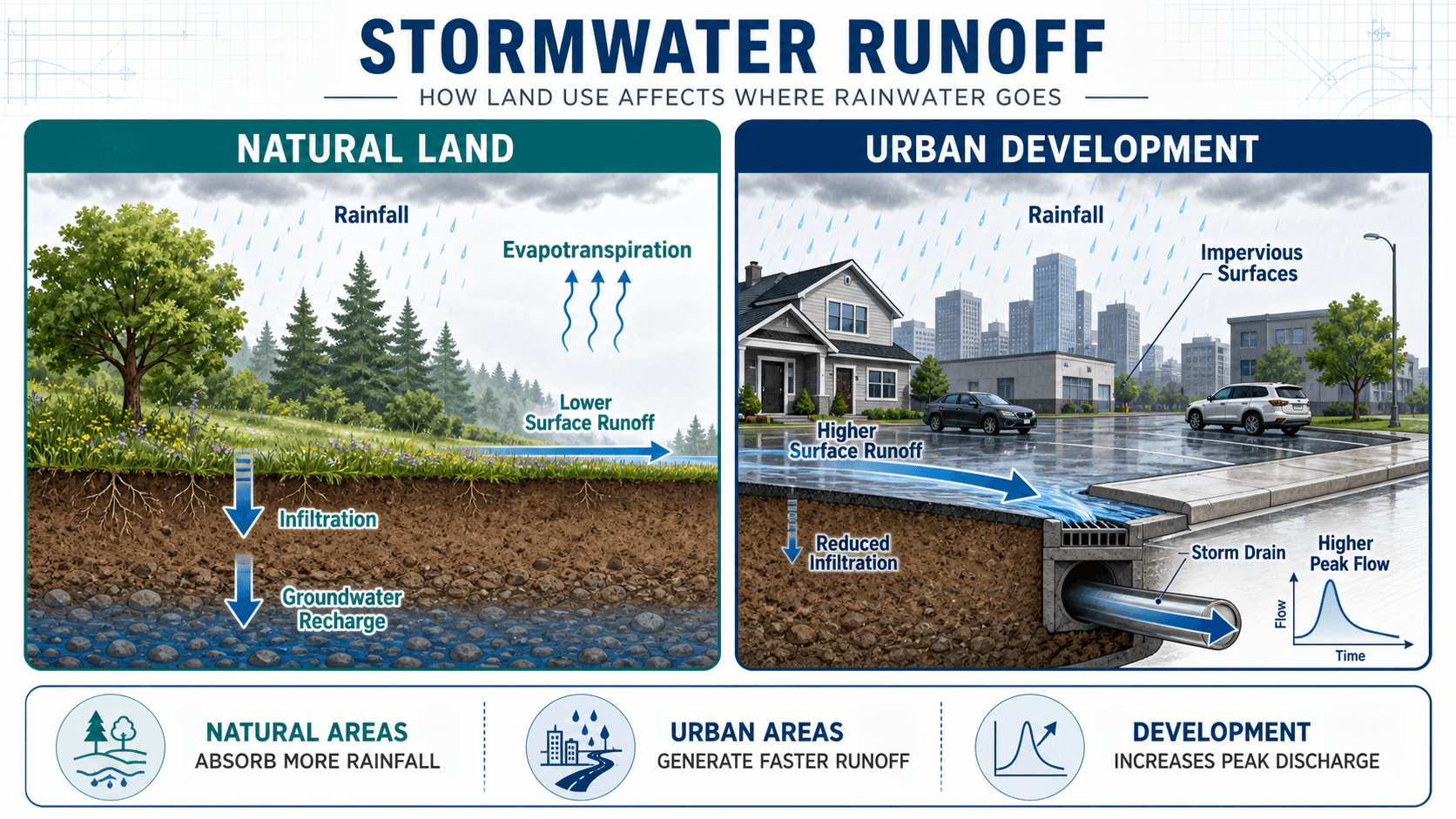 Stormwater runoff diagram comparing natural land infiltration with urban impervious surfaces and higher surface runoff