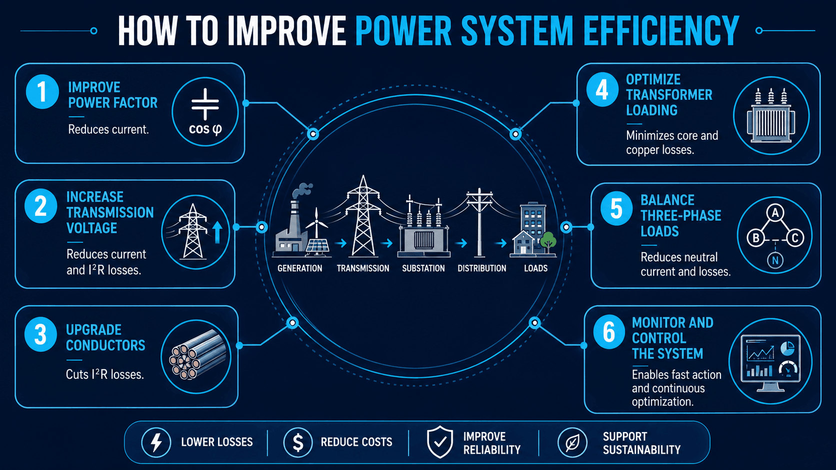 Power system efficiency improvement infographic showing power factor correction, higher transmission voltage, conductor upgrades, transformer loading, phase balancing, and monitoring