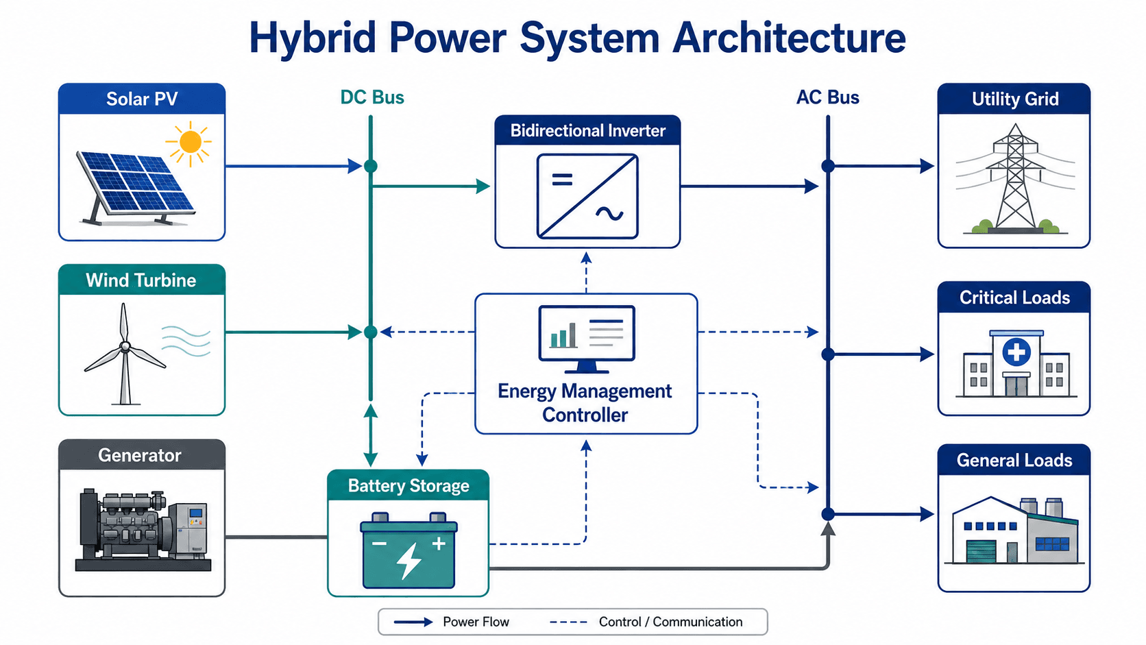 Hybrid power system architecture diagram showing solar PV, wind turbine, generator, battery storage, energy management controller, bidirectional inverter, DC bus, AC bus, utility grid, critical loads, and general loads.