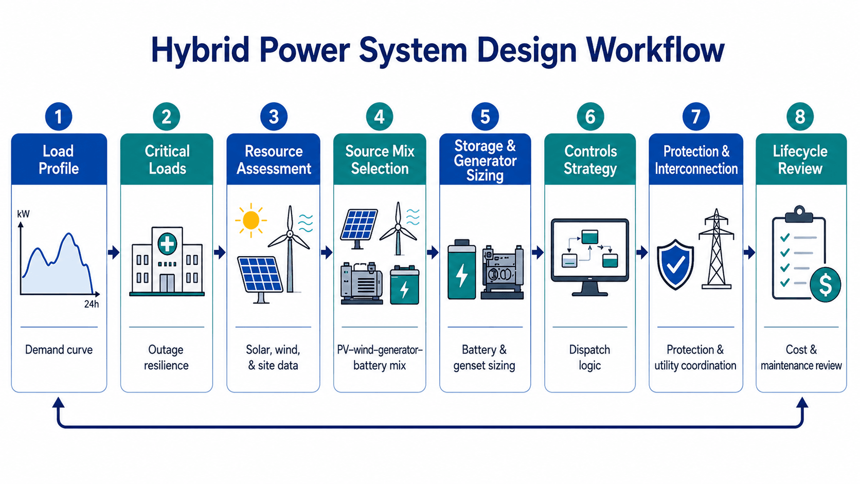 Hybrid power system design workflow showing load profile, critical loads, resource assessment, source mix selection, storage and generator sizing, controls strategy, protection and interconnection, and lifecycle review.