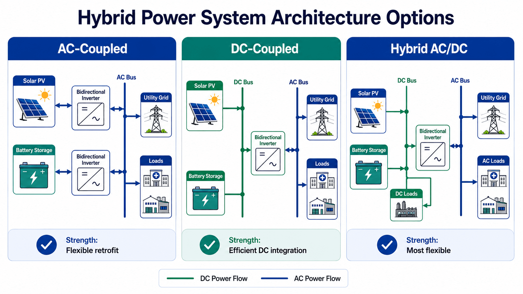 Comparison infographic showing AC-coupled, DC-coupled, and hybrid AC/DC architecture options for hybrid power systems.