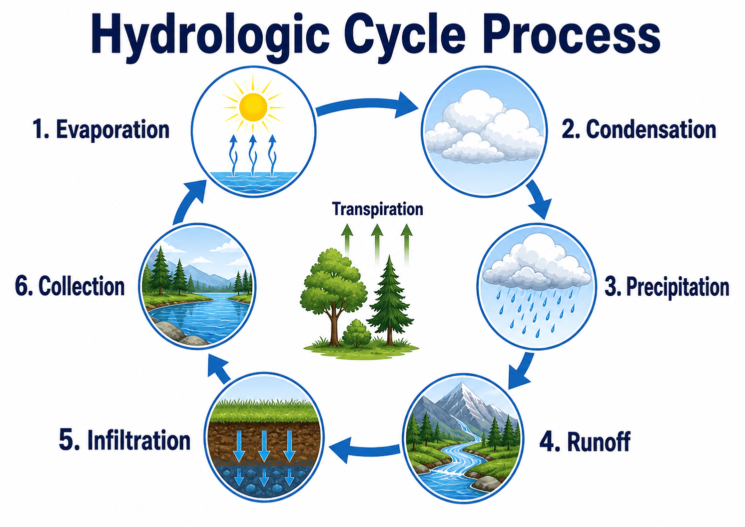 Simple hydrologic cycle process diagram showing evaporation, condensation, precipitation, runoff, infiltration, collection, and transpiration