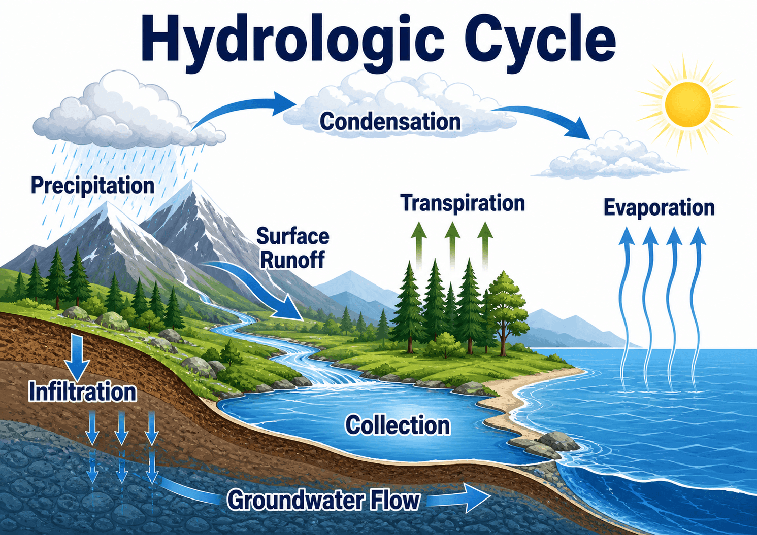 Instructional hydrologic cycle diagram showing evaporation, condensation, precipitation, snowmelt, runoff, streamflow, infiltration, percolation, and groundwater flow for hydrology