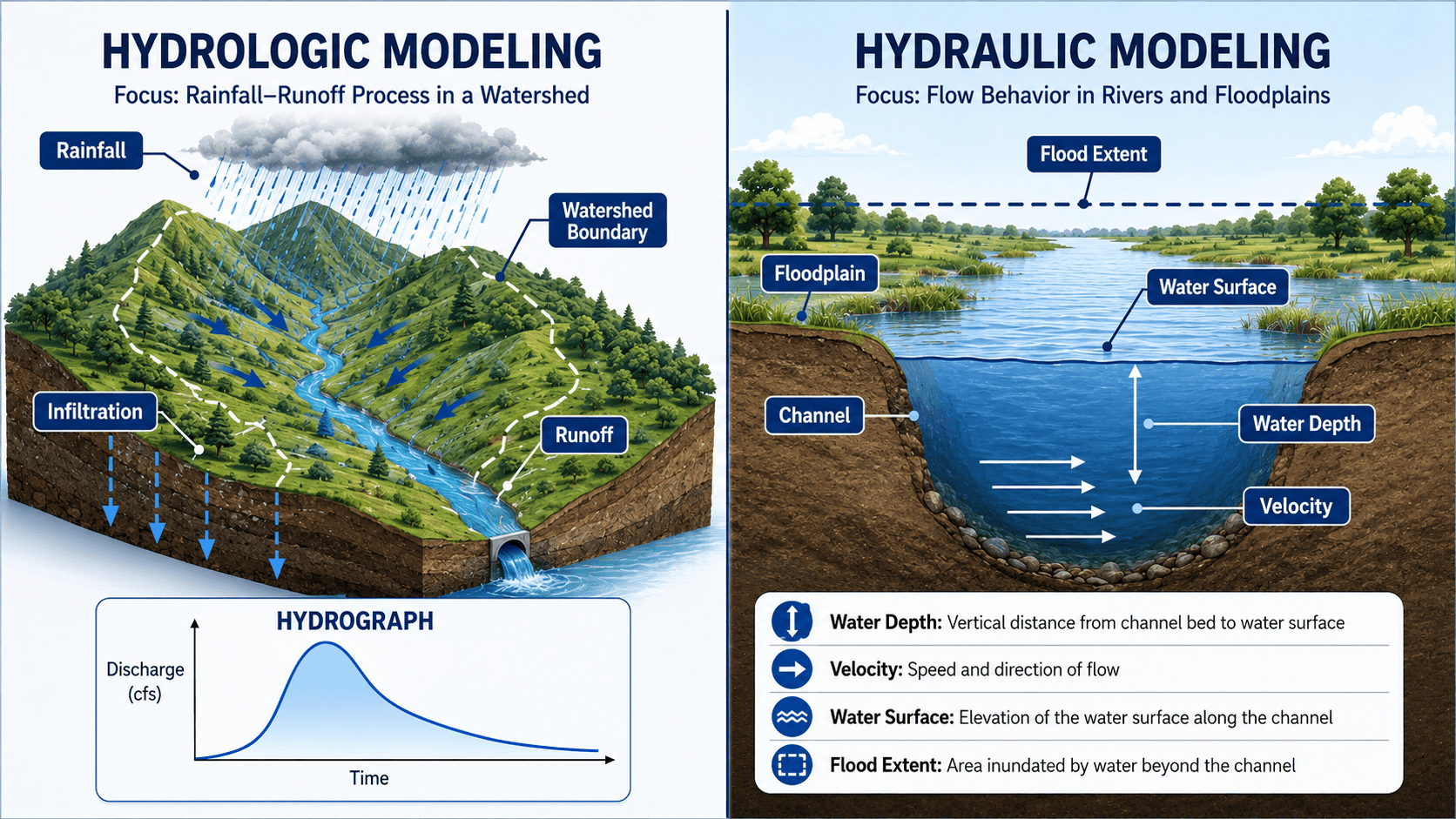 Hydrologic modeling versus hydraulic modeling comparison showing rainfall runoff in a watershed and flow depth velocity and flood extent in a channel