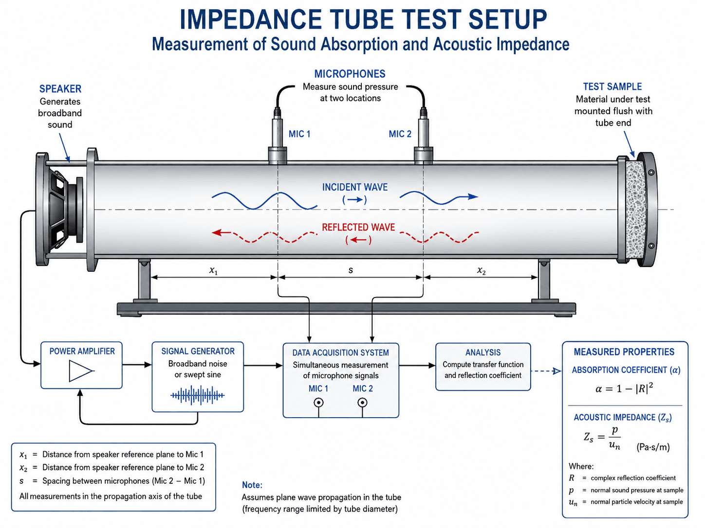 Impedance tube test setup for measuring sound absorption coefficient and acoustic impedance of a material sample