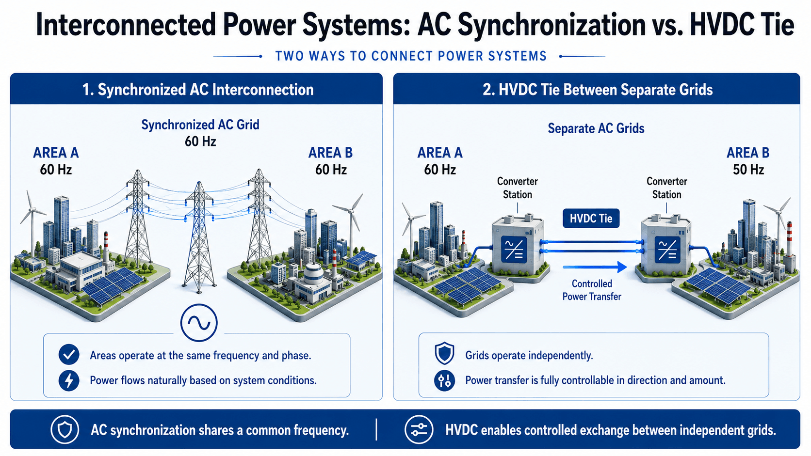 Technical diagram comparing synchronized AC interconnection with an HVDC tie between separate power grids using converter stations and controlled power transfer