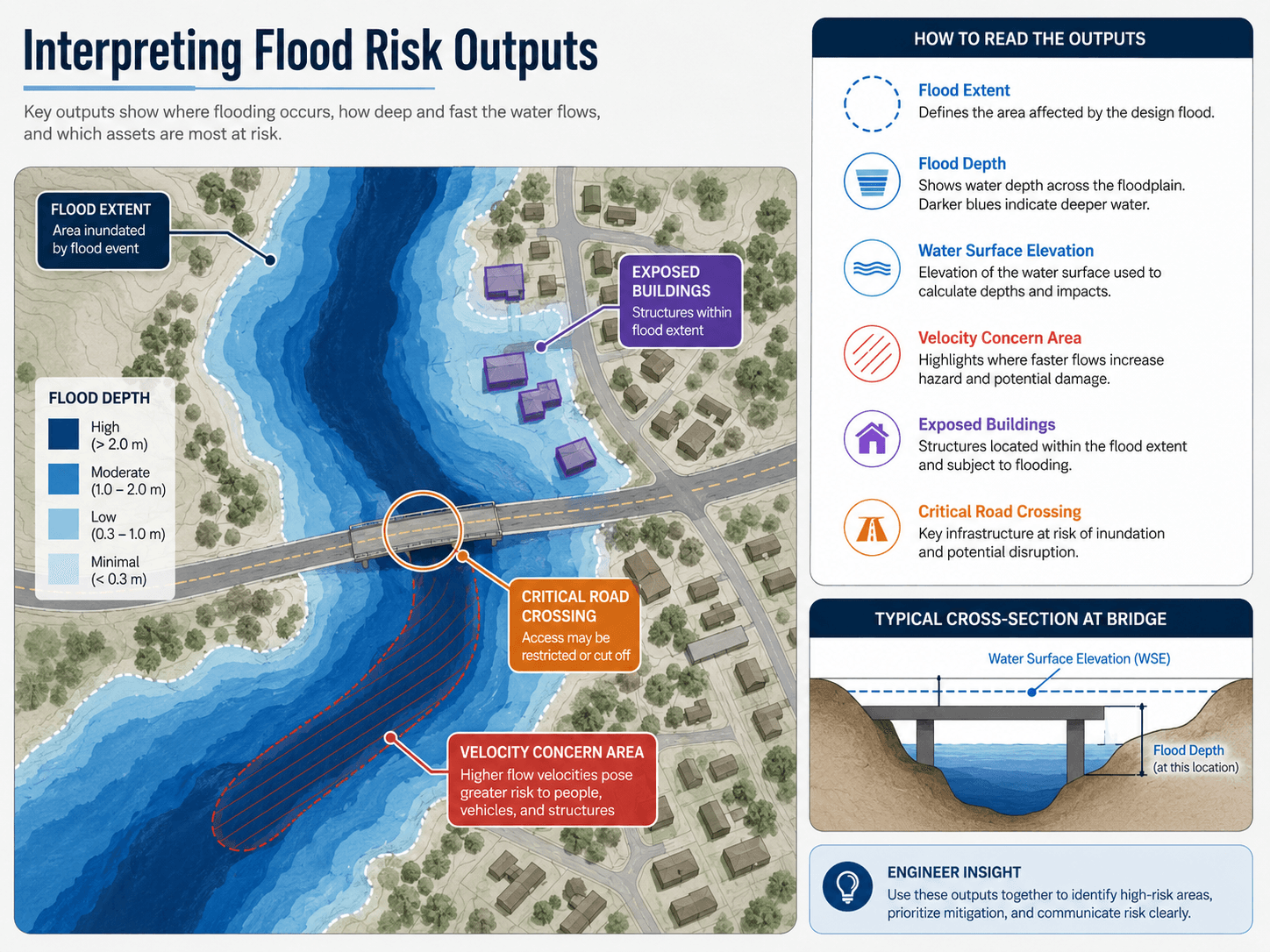 Flood risk assessment output map showing flood extent, flood depth, water surface elevation, velocity concern area, exposed buildings, and a critical road crossing.