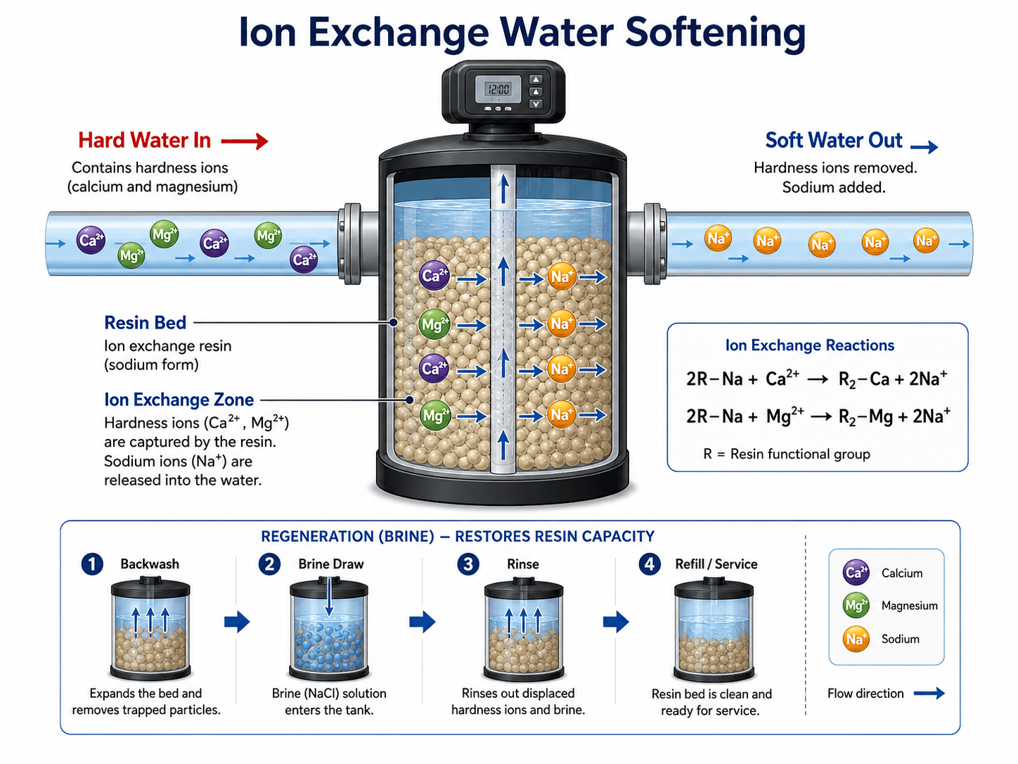 Ion exchange softening diagram showing calcium and magnesium ions captured by resin as softened water exits the tank