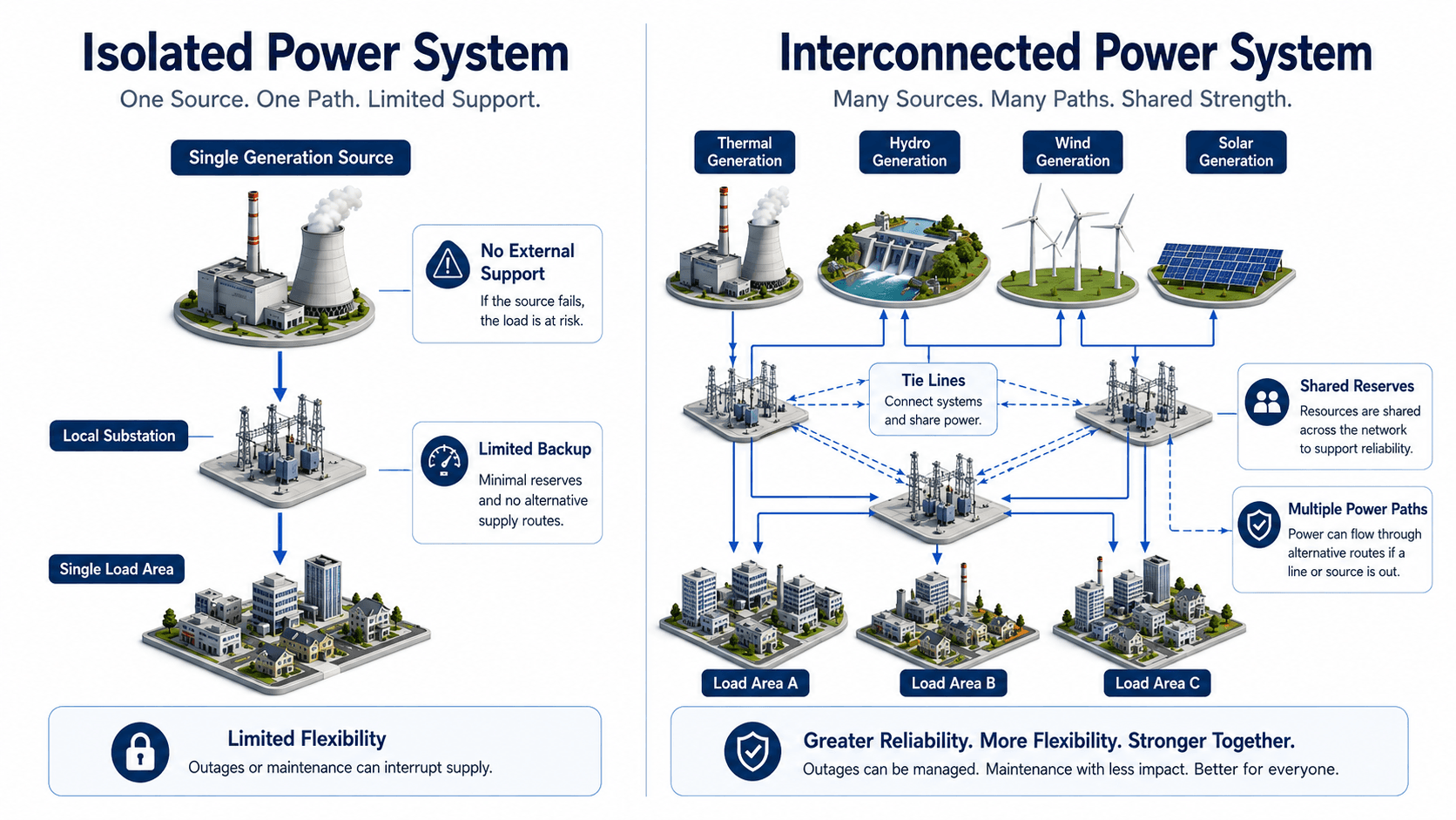 Side-by-side comparison of isolated power systems and interconnected power systems showing limited backup, shared reserves, tie lines, and multiple power paths