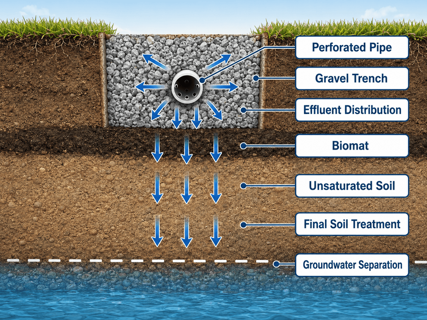 Leach field design cross section showing a perforated pipe, gravel trench, biomat, unsaturated soil, and groundwater separation