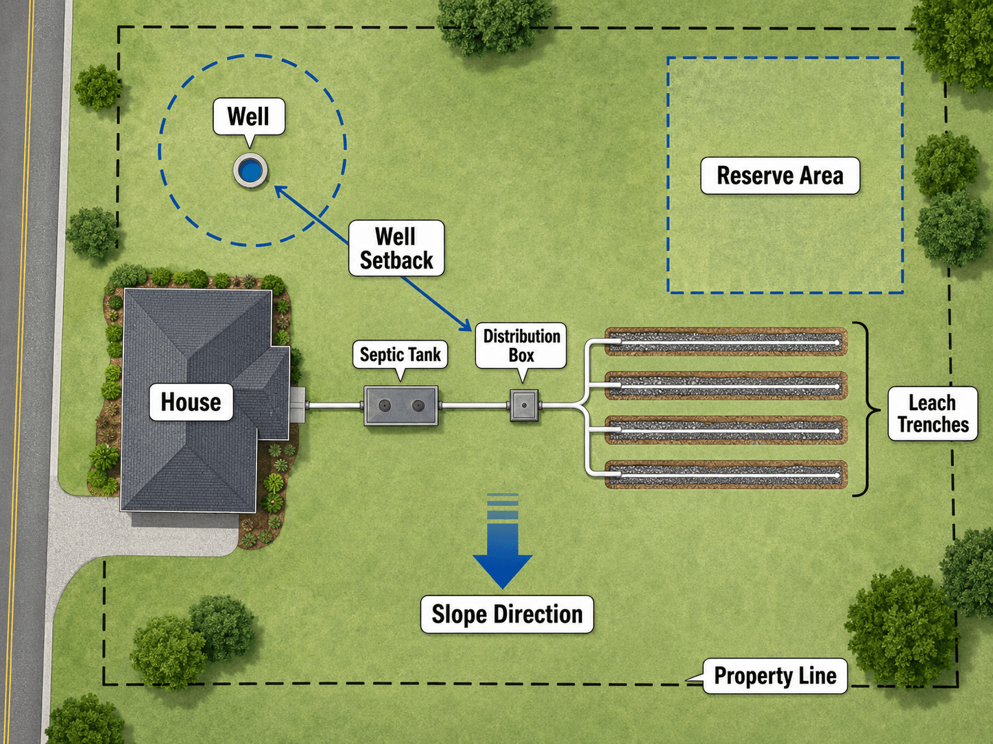 Plan view leach field layout showing septic tank, distribution box, leach trenches, well setback, reserve area, property line, and slope direction