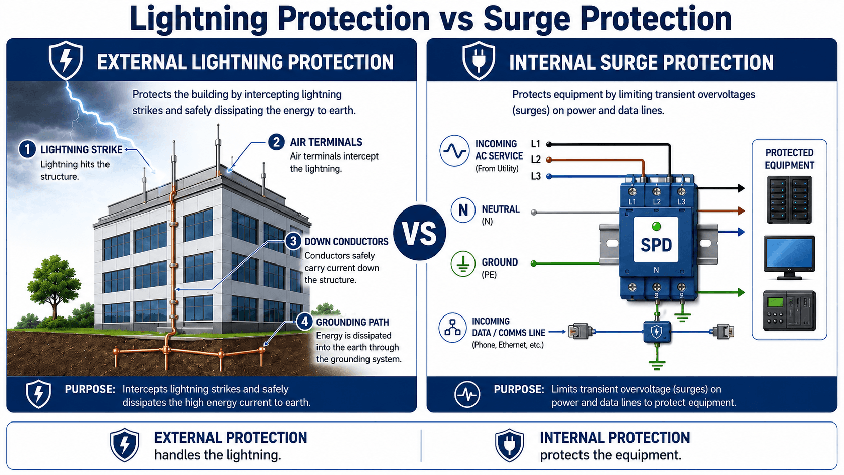 Lightning protection vs surge protection infographic comparing direct strike protection, grounding path, incoming service, SPD, and protected equipment.