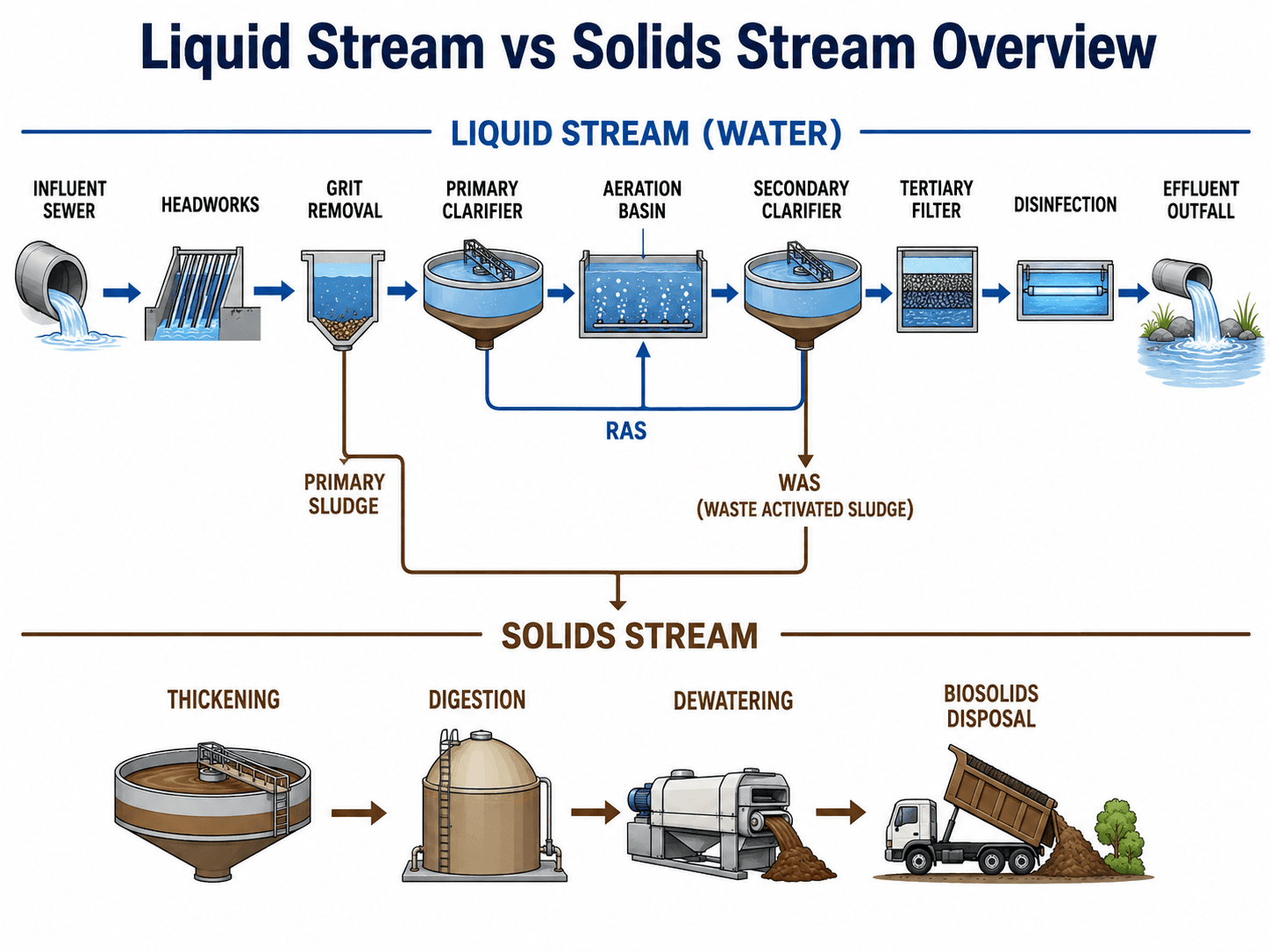 Wastewater treatment plant components diagram comparing the liquid stream and solids stream with headworks, grit removal, clarifiers, aeration basin, disinfection, RAS, WAS, thickening, digestion, dewatering, and biosolids disposal