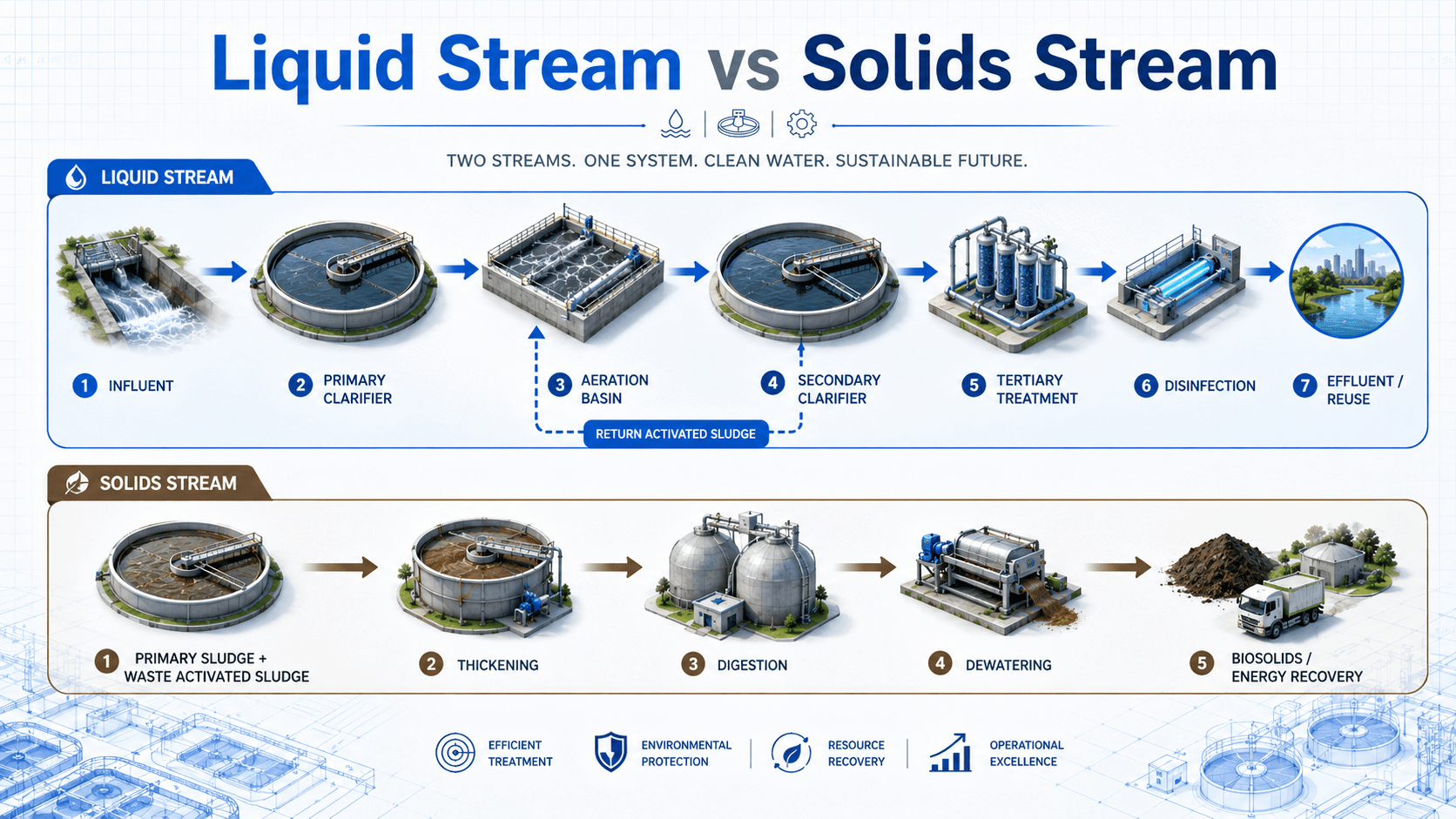 Wastewater treatment plant liquid stream versus solids stream diagram showing effluent treatment, return activated sludge, thickening, digestion, dewatering, and biosolids recovery.