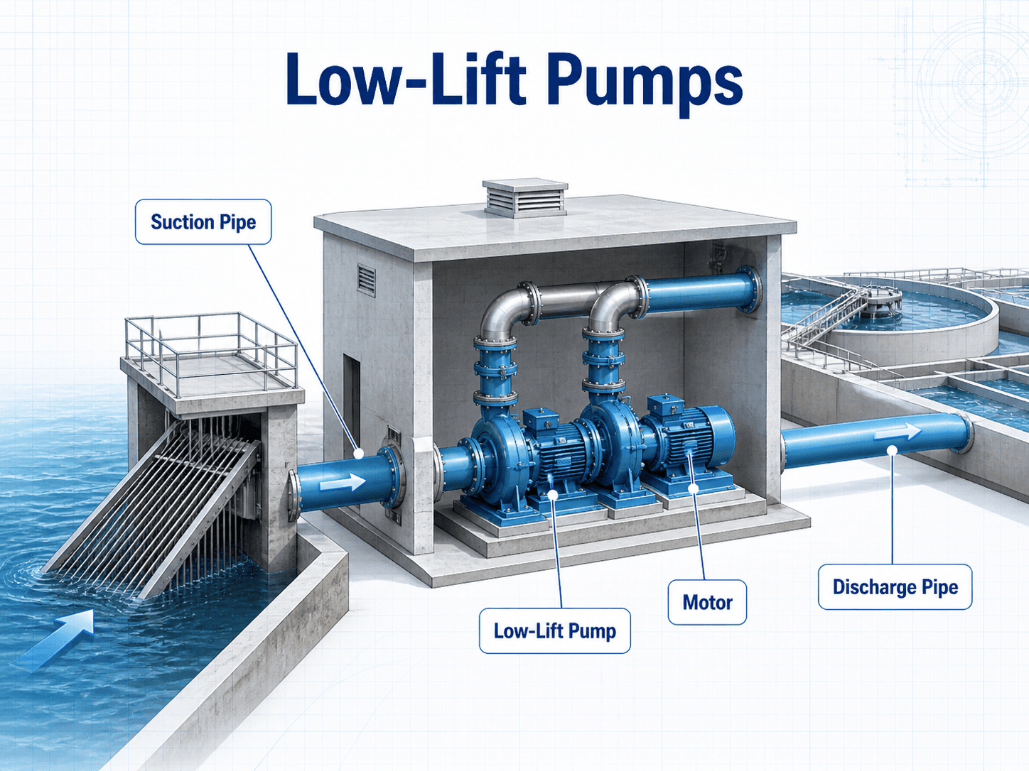 Low-lift pump station diagram showing suction pipe, pump, motor, and discharge pipe moving raw water into the treatment plant