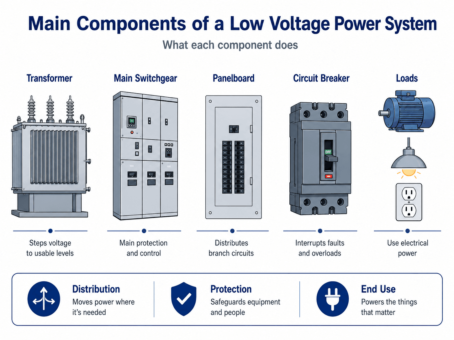 Main components of a low voltage power system including transformer, switchgear, panelboard, circuit breaker, and loads