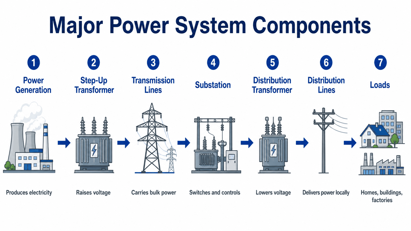 Diagram showing the major power system components from generation and step-up transformation through transmission, substation equipment, distribution transformers, distribution lines, and loads