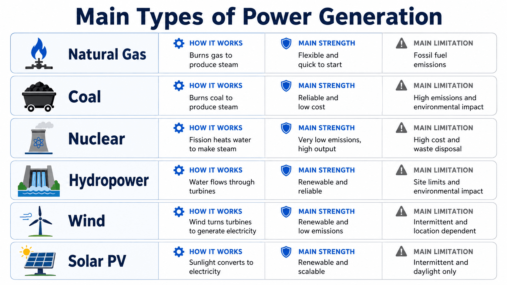 Comparison infographic showing the main types of power generation including natural gas, coal, nuclear, hydropower, wind, and solar PV.