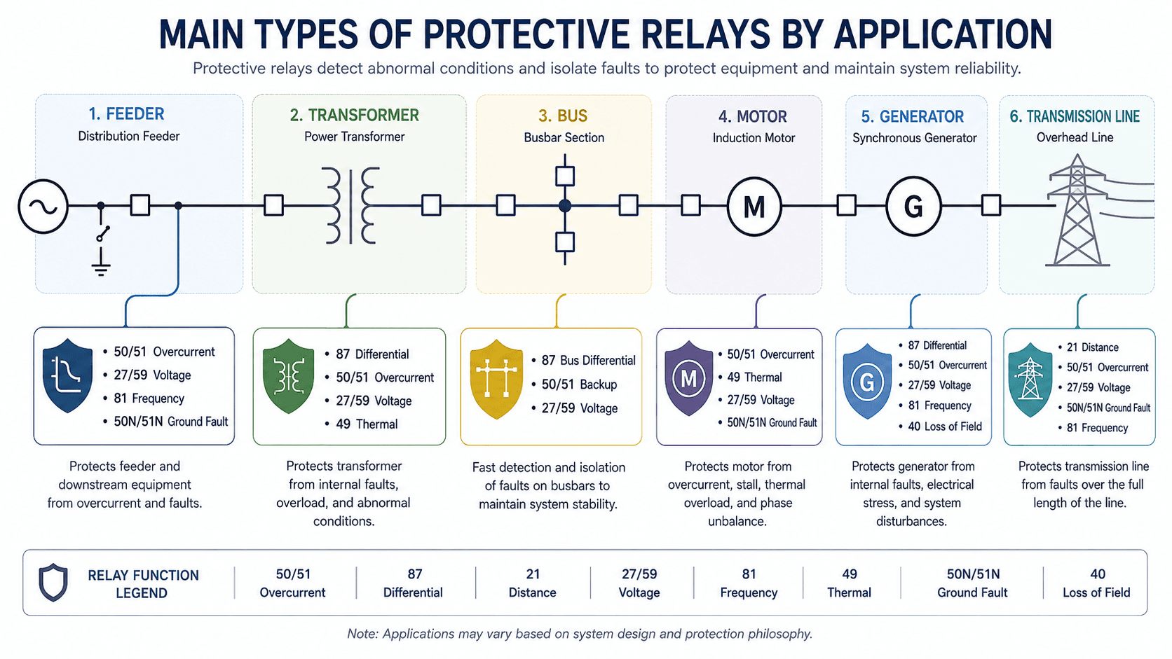 Main types of protective relays by power system application including feeder transformer bus motor generator and transmission line protection