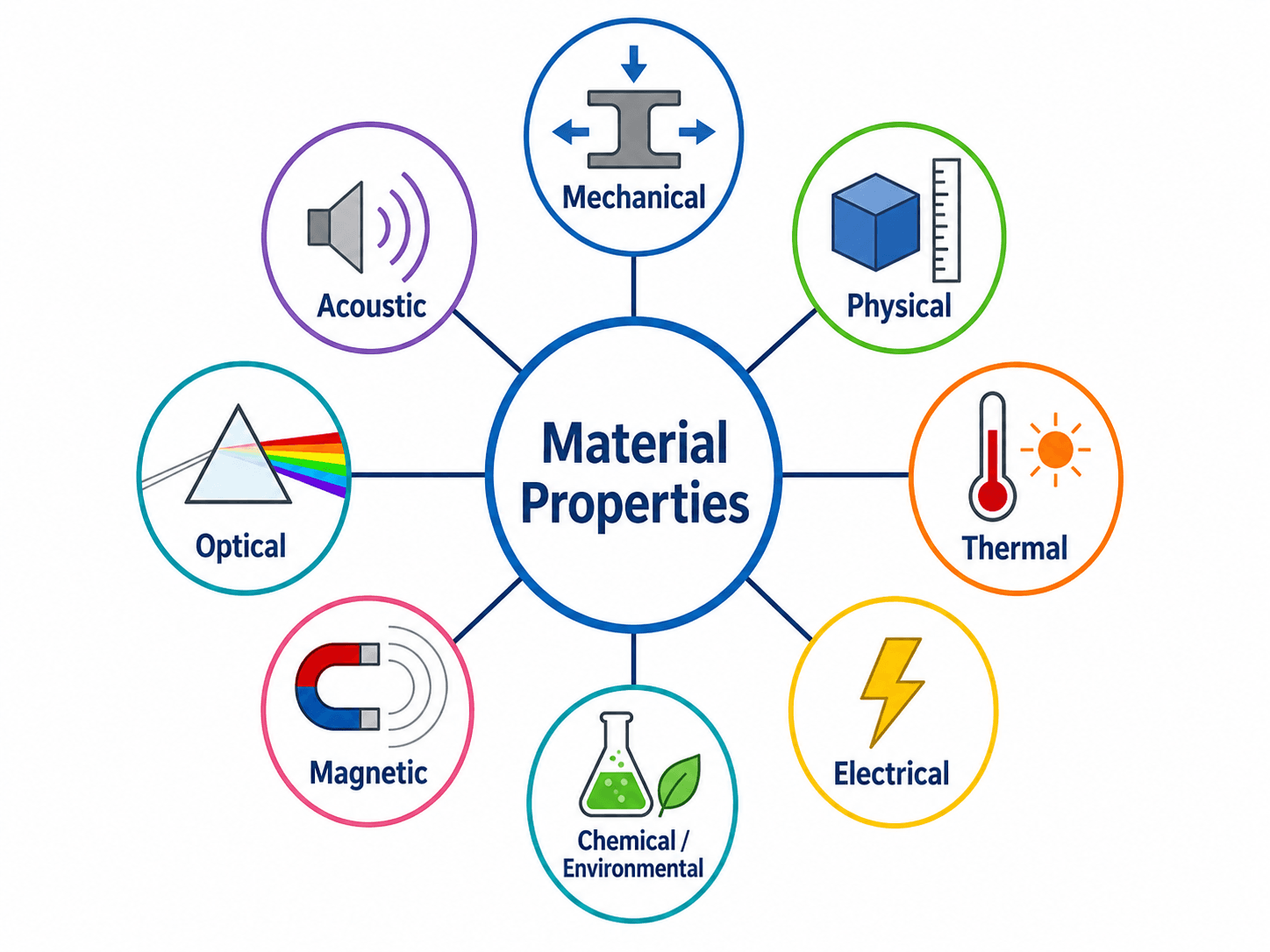 Diagram showing the main types of material properties including mechanical, physical, thermal, electrical, chemical, optical, magnetic, and acoustic properties