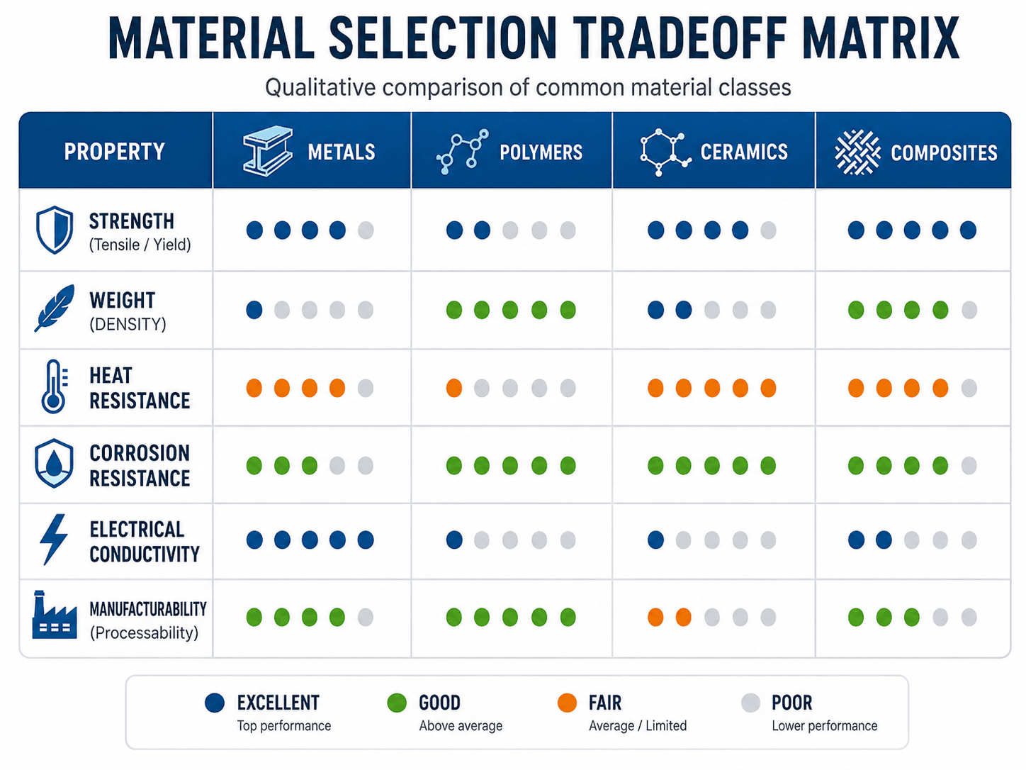 Material selection tradeoff matrix comparing metals, polymers, ceramics, and composites by strength, density, heat resistance, corrosion resistance, electrical conductivity, and manufacturability