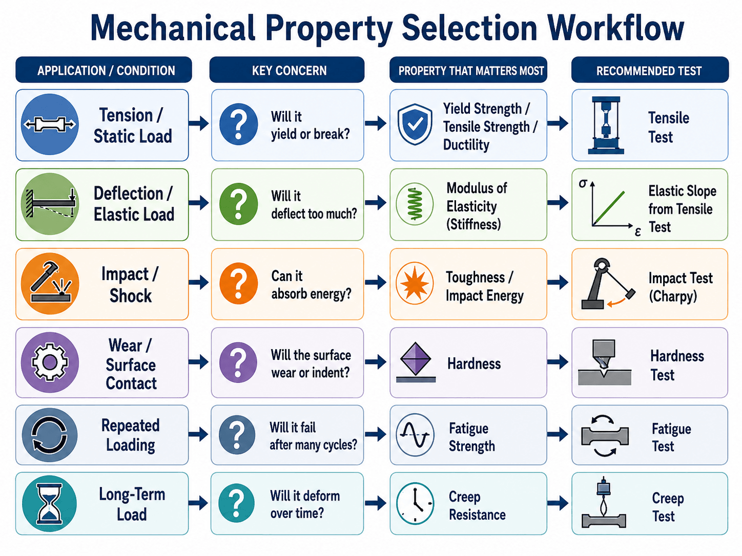 Mechanical property selection workflow showing load type, key concern, property that matters most, and recommended test