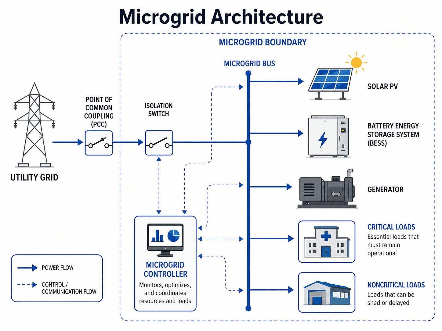 Microgrid architecture diagram showing utility grid connection, point of common coupling, isolation switch, microgrid bus, solar PV, battery storage, generator, critical loads, noncritical loads, and controller