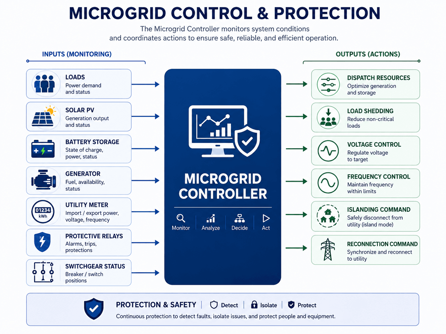 Microgrid control and protection diagram showing controller inputs from loads, solar PV, battery storage, generator, meter, relays, and switchgear and outputs for dispatch, load shedding, voltage control, frequency control, islanding, and reconnection