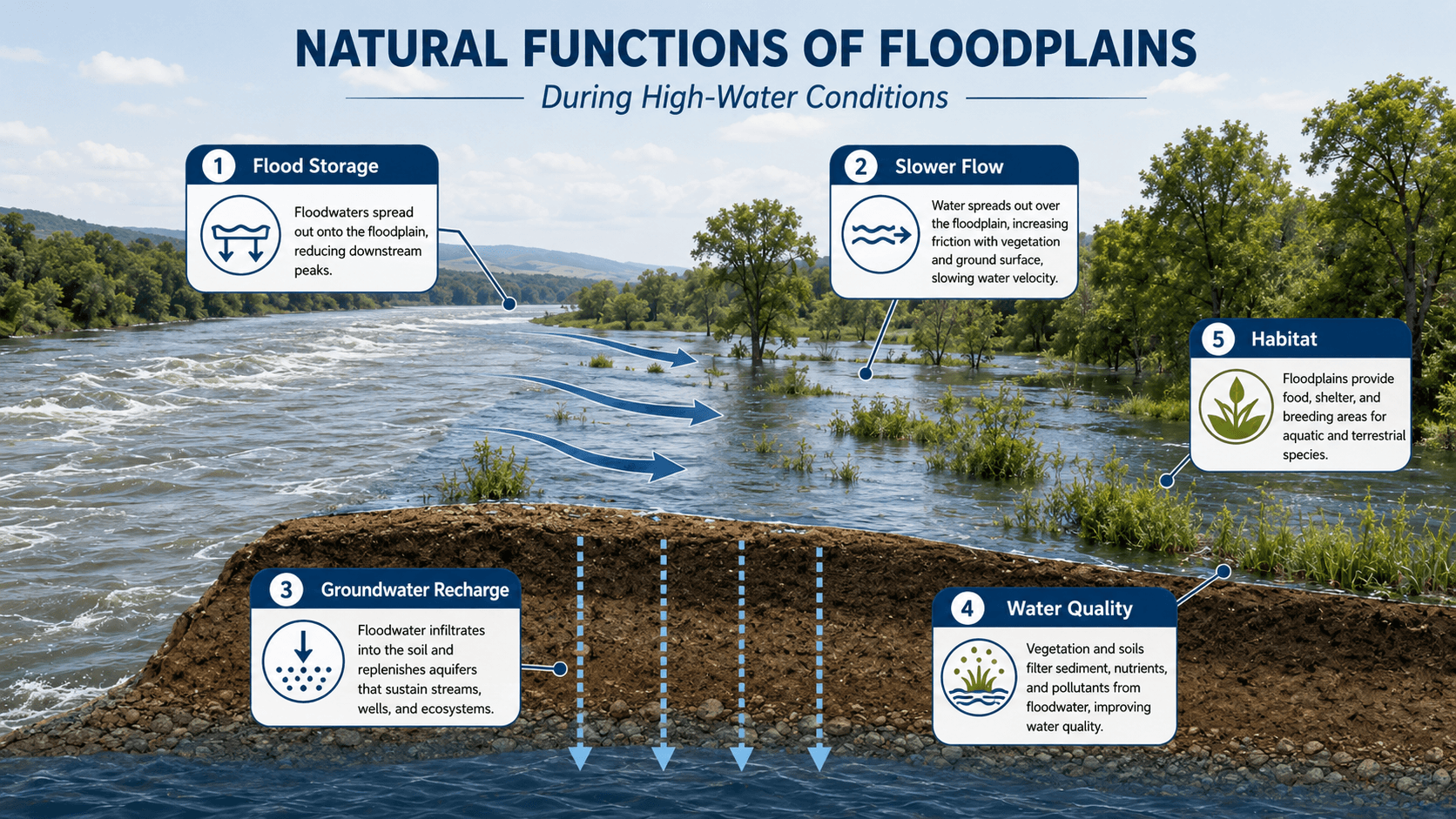 Diagram showing how floodplains store floodwater, slow flow velocity, support wetlands, recharge groundwater, and reduce downstream flood peaks