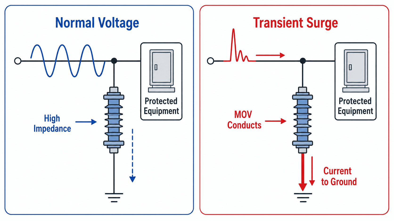 Two-panel diagram comparing surge arrester behavior during normal voltage and during a transient surge event