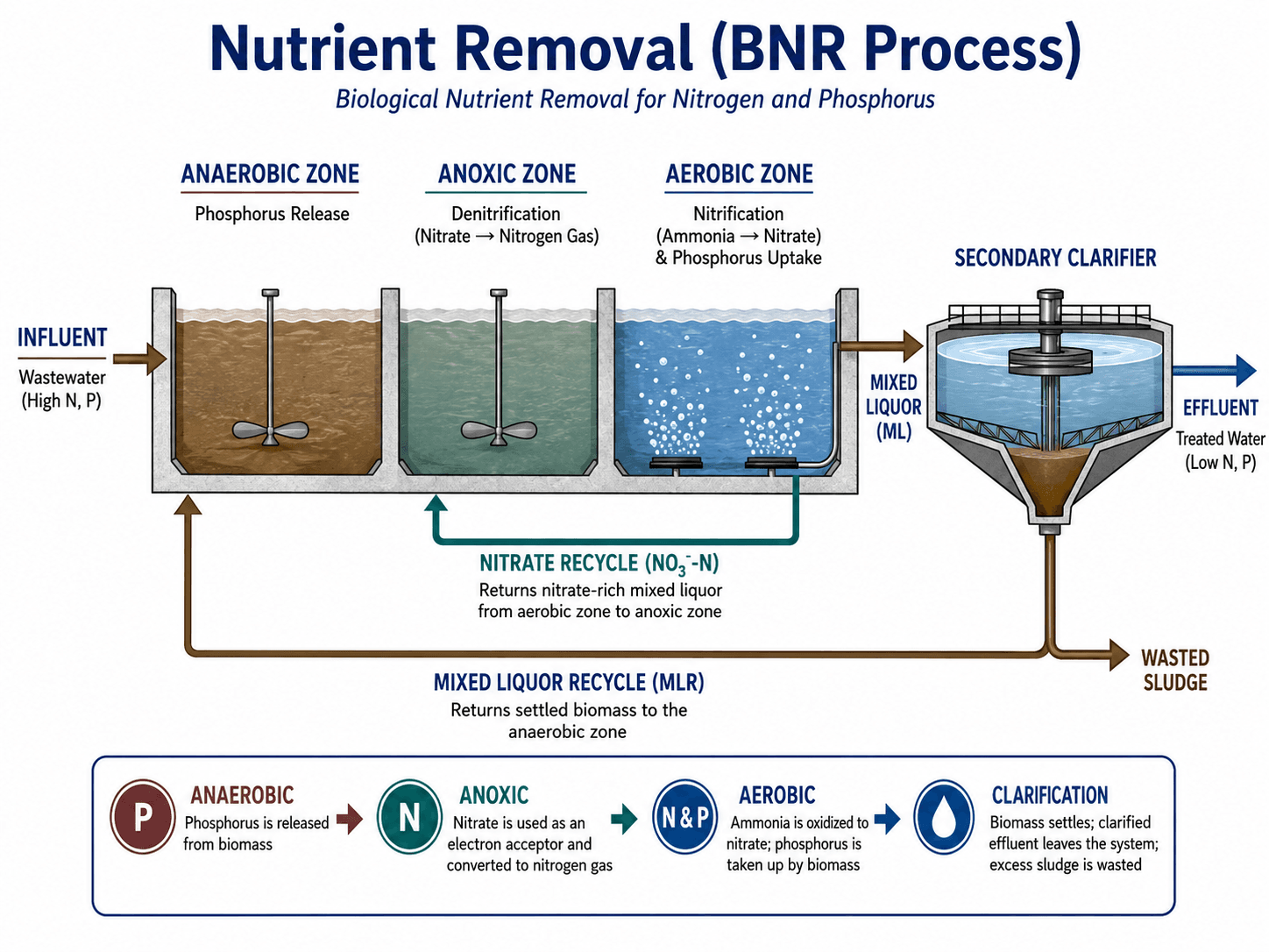 Biological nutrient removal process diagram showing anaerobic zone, anoxic zone, aerobic zone, nitrate recycle, mixed liquor recycle, secondary clarifier, and wasted sludge