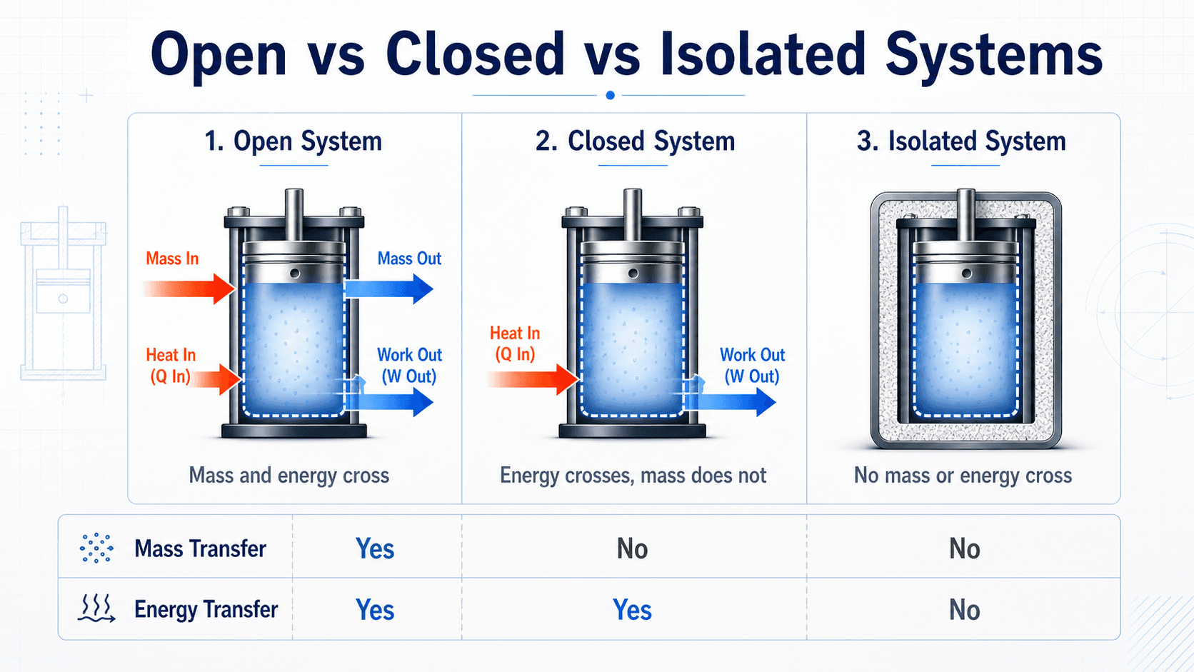 Comparison diagram of open, closed, and isolated thermodynamic systems showing mass transfer and energy transfer