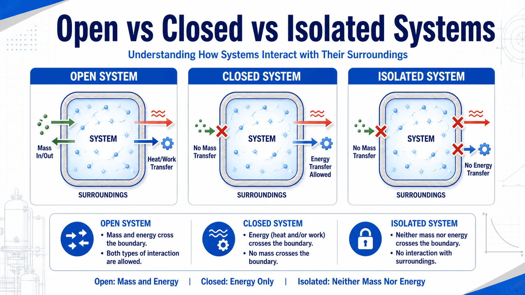 Diagram comparing open, closed, and isolated thermodynamic systems by showing whether mass and energy cross each system boundary