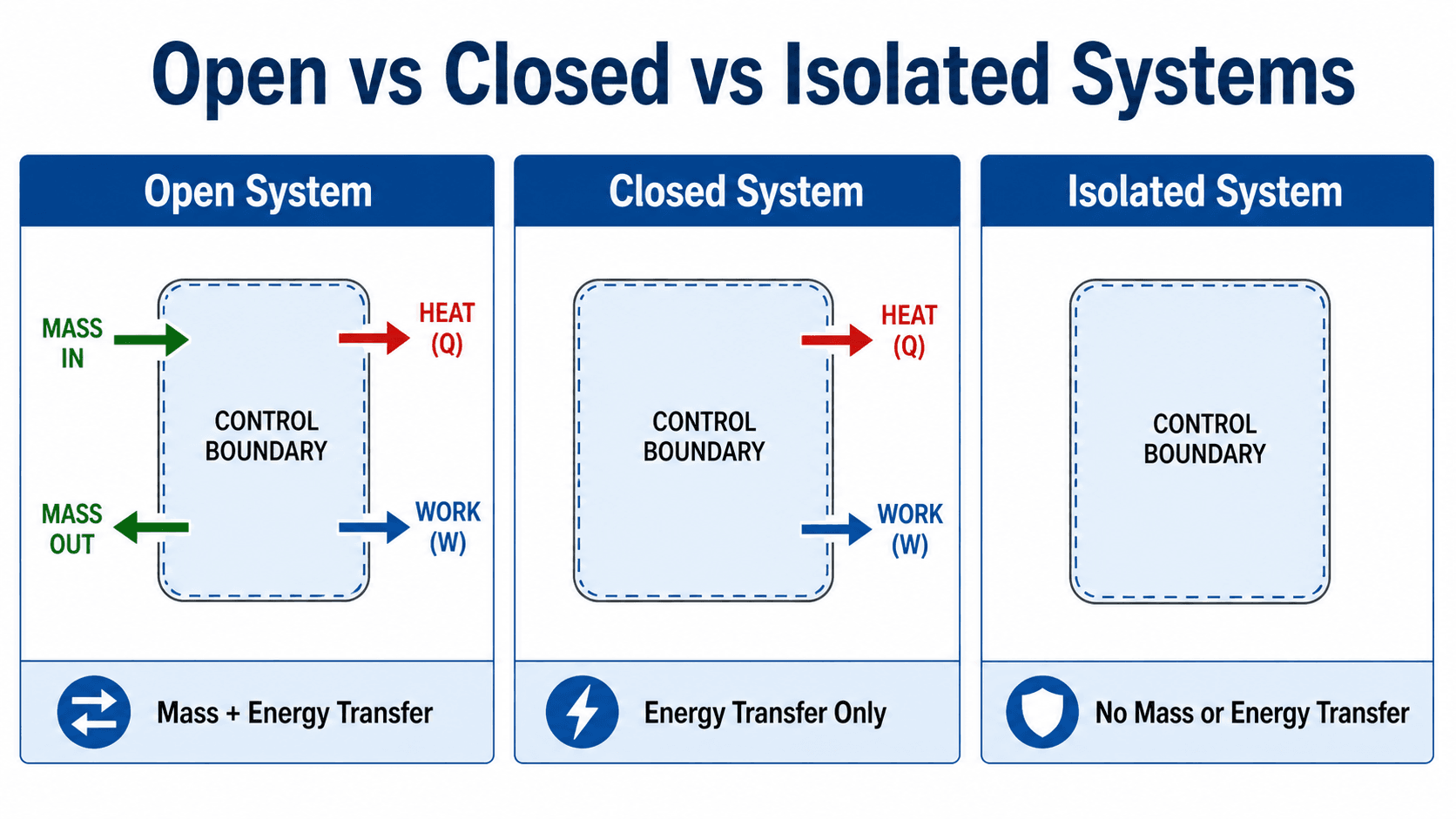 Diagram comparing open, closed, and isolated systems in thermodynamics by showing which systems allow mass and energy transfer across the boundary