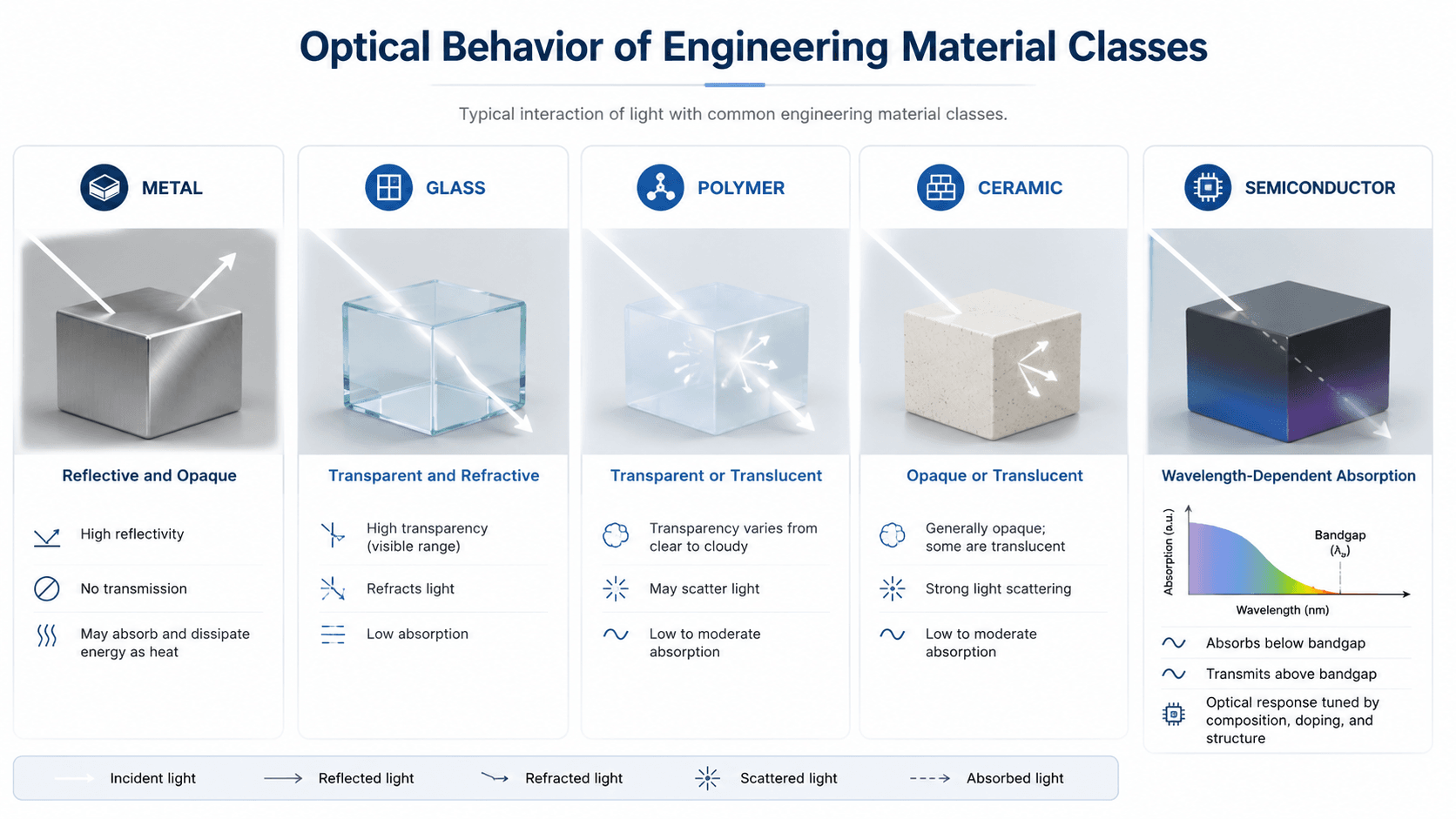 Comparison infographic showing typical optical behavior of metals glass polymers ceramics and semiconductors