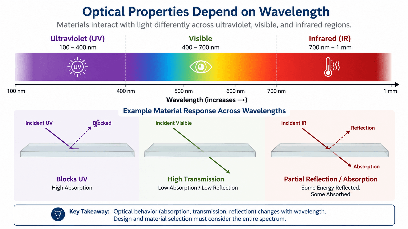 Infographic showing how optical properties change across ultraviolet visible and infrared wavelengths