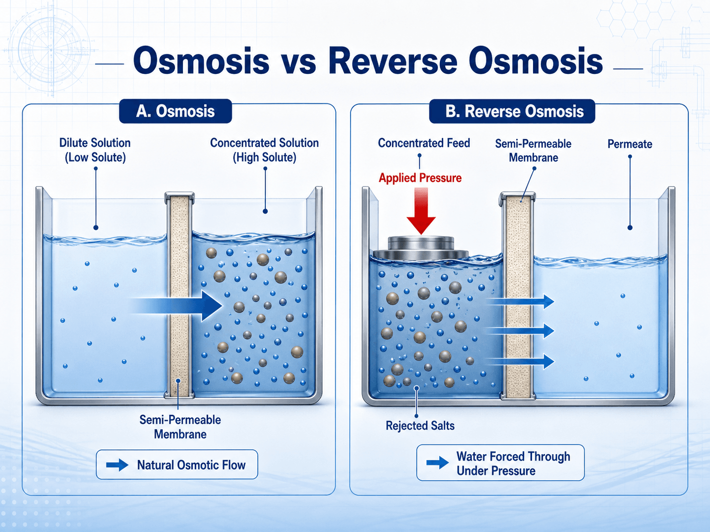 Osmosis versus reverse osmosis diagram showing natural osmotic flow compared with pressure-driven membrane flow