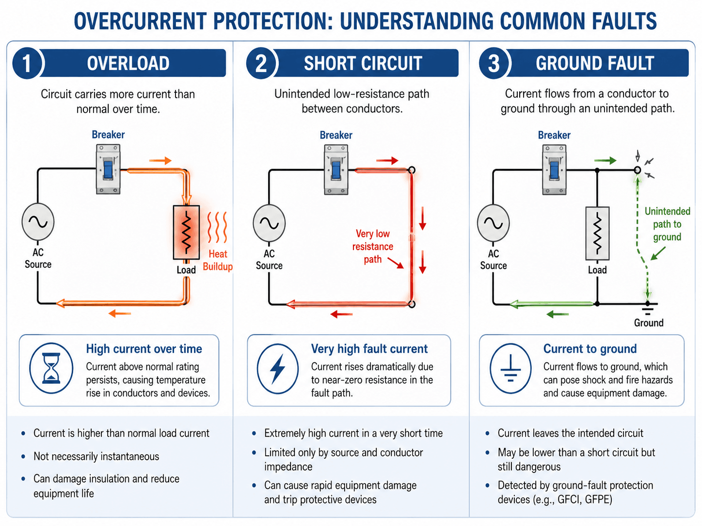 Three-panel comparison of overload, short circuit, and ground fault current paths for overcurrent protection
