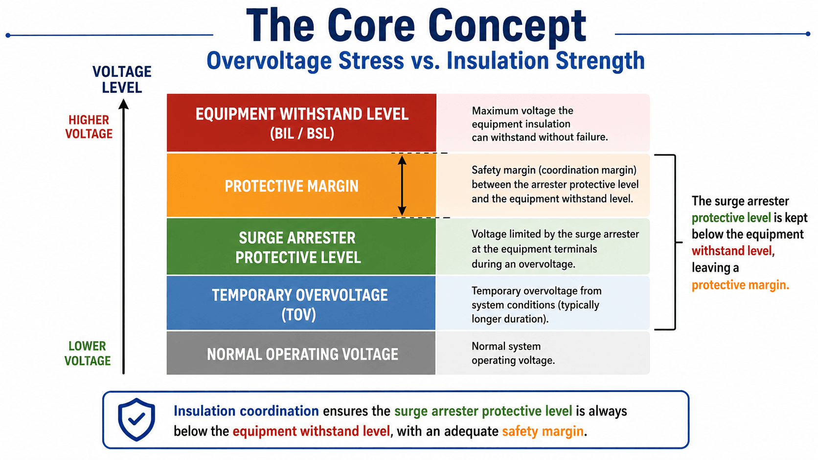 Insulation coordination diagram showing normal voltage, temporary overvoltage, surge arrester protective level, protective margin, and equipment BIL or BSL withstand strength
