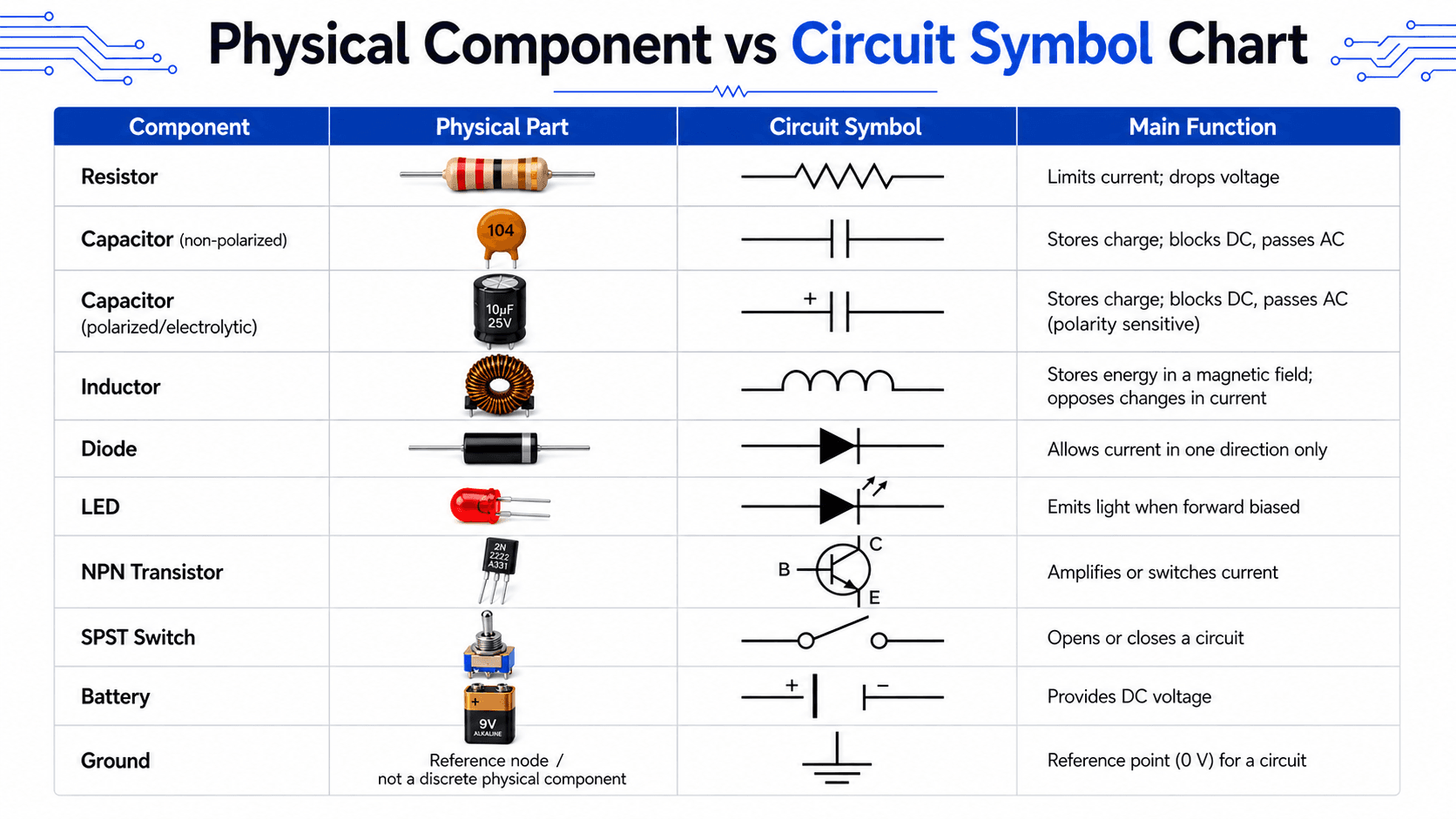 Physical component versus circuit symbol chart for basic electronic components including resistor, capacitors, inductor, diode, LED, NPN transistor, switch, battery, and ground
