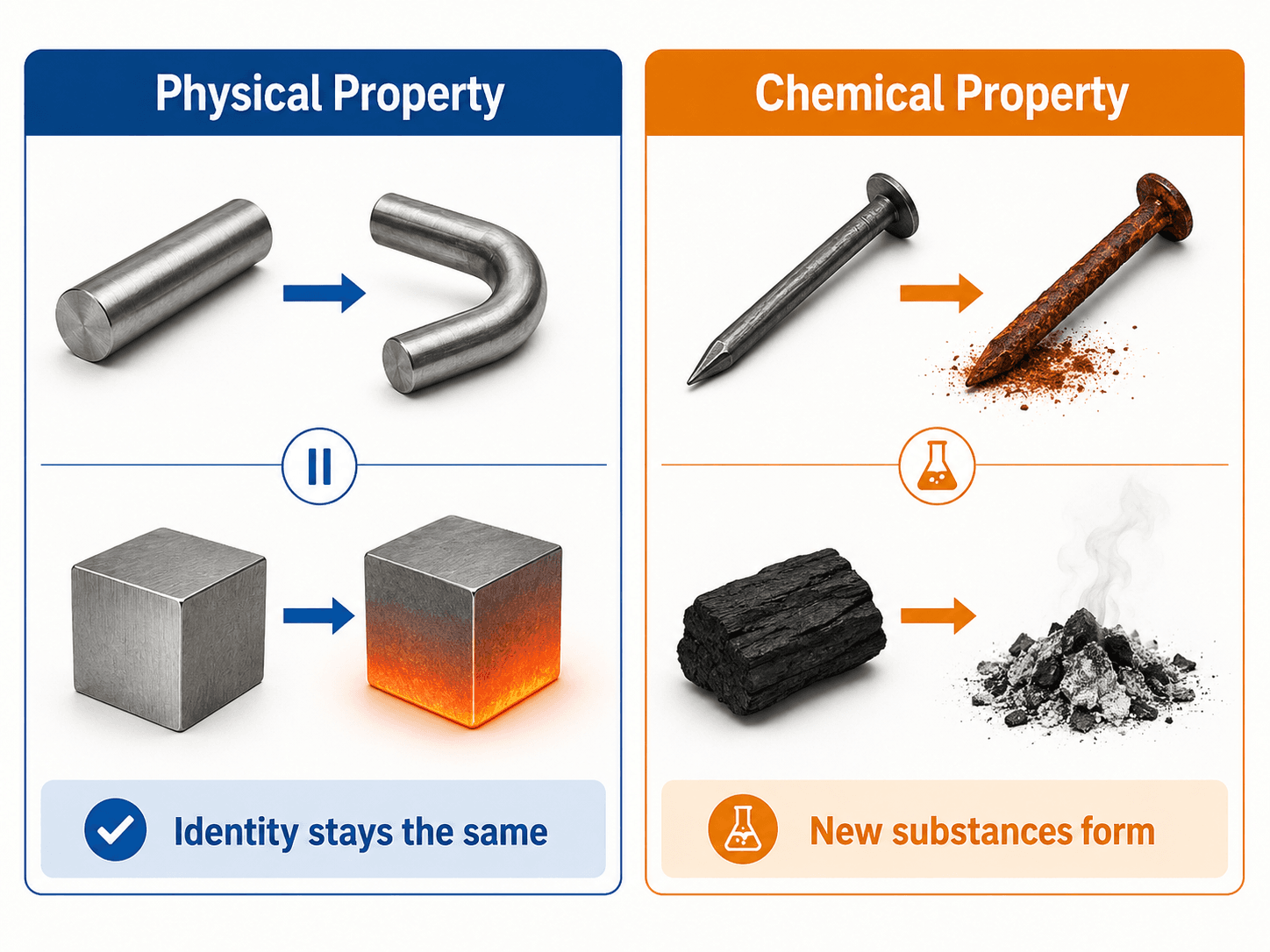 Diagram comparing physical properties and chemical properties, showing that physical changes keep the same material identity while chemical changes form new substances.