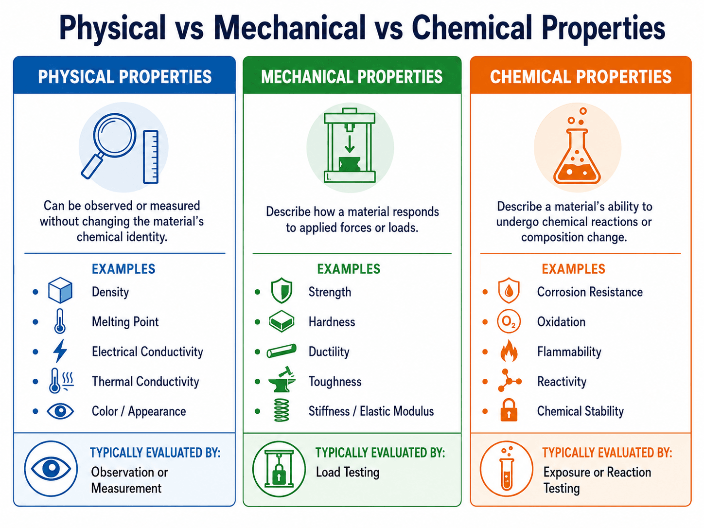 Comparison chart showing the difference between physical properties, mechanical properties, and chemical properties of materials