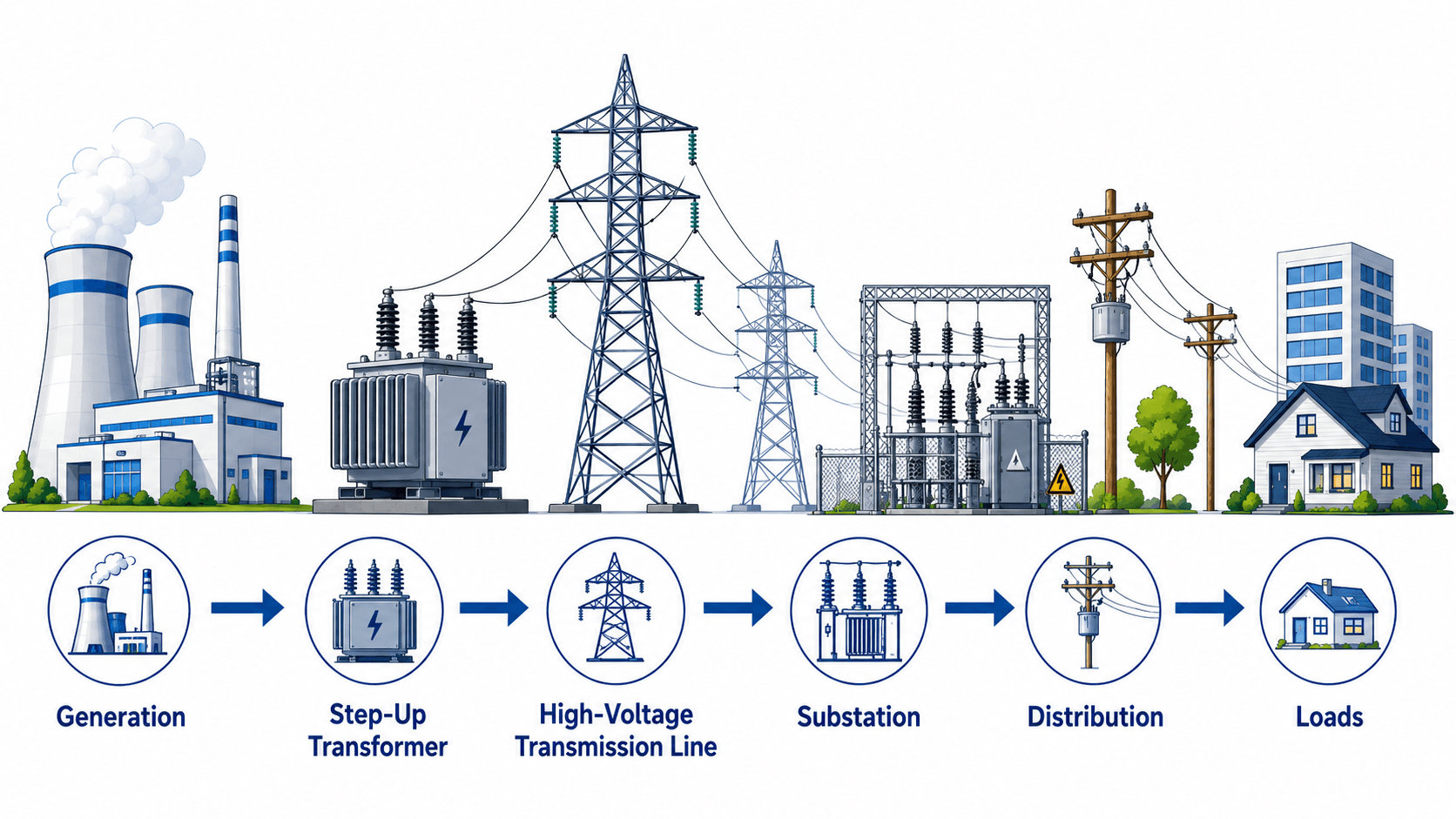 Power system flow diagram showing generation, a step-up transformer, high-voltage transmission lines, a substation, distribution, and loads