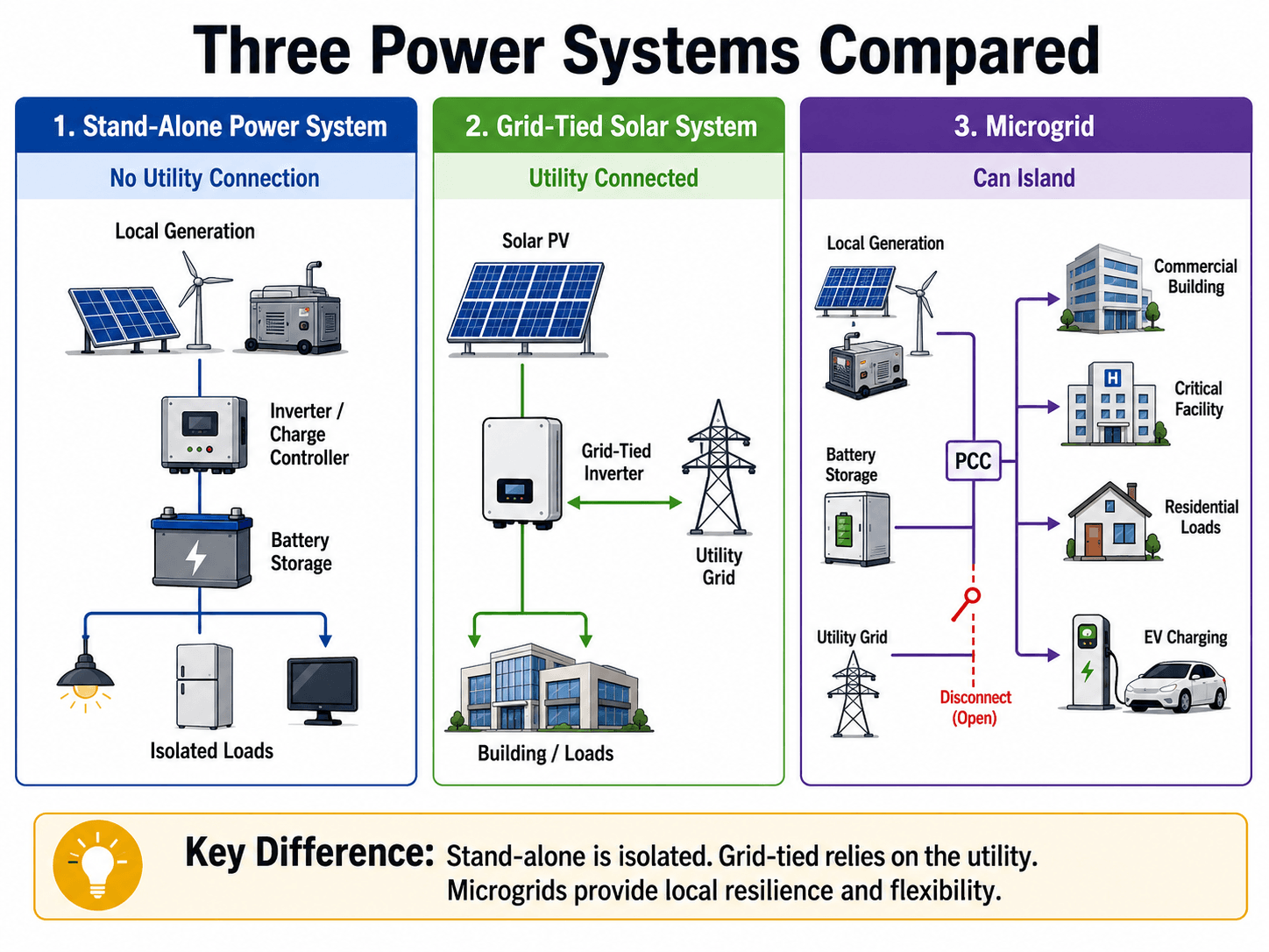 Comparison of stand-alone power system, grid-tied solar system, and microgrid showing utility connection, islanding, local generation, storage, and loads