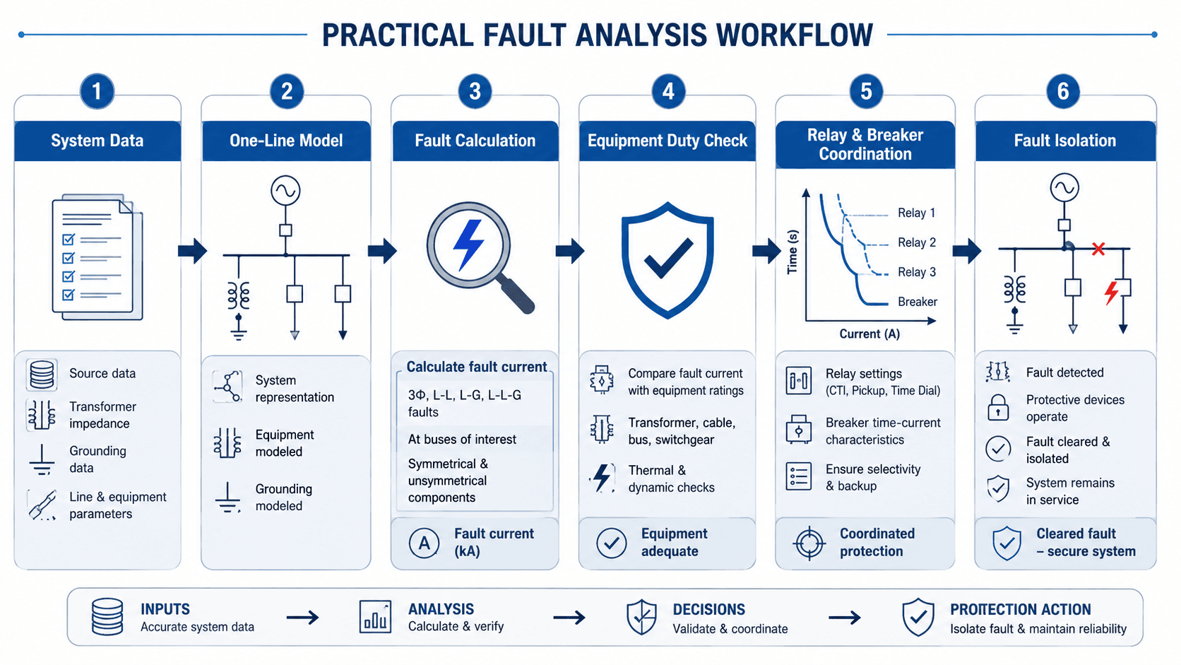Practical fault analysis workflow from system data to one-line model, fault calculation, equipment duty check, relay coordination, and fault isolation